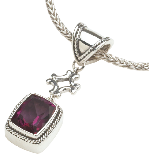 terling silver pendant necklace with 10x8mm cushion-cut raspberry topaz in a twisted rope bezel, open scrollwork link, bell-shaped bail, and handwoven foxtail chain. Parisian Muse Collection, 2004, Lori Bonn Archive
