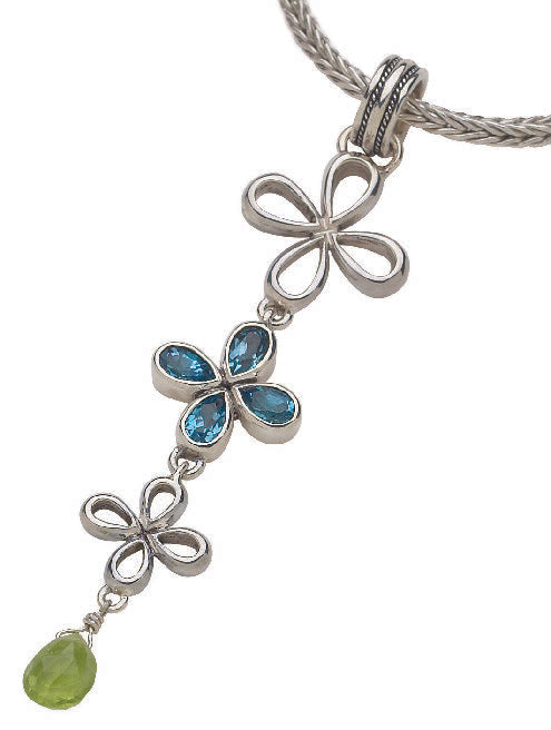 Vertical clover drop necklace with blue topaz and peridot on foxtail chain
