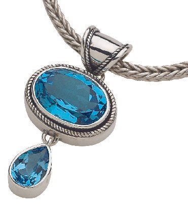 Pendant necklace with oval and pear Swiss blue topaz stones on foxtail chain