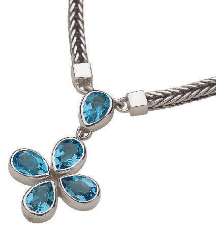 Sterling silver foxtail necklace with Swiss blue topaz clover drop