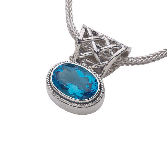 Sterling silver foxtail necklace with oval Swiss blue topaz pendant