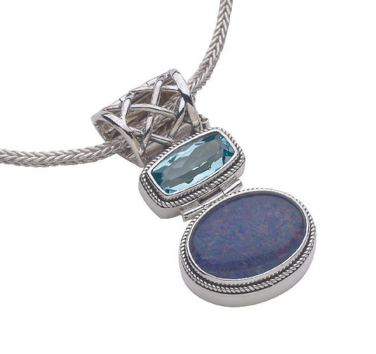 Sterling silver snake chain necklace with opal mosaic and sky blue topaz drops