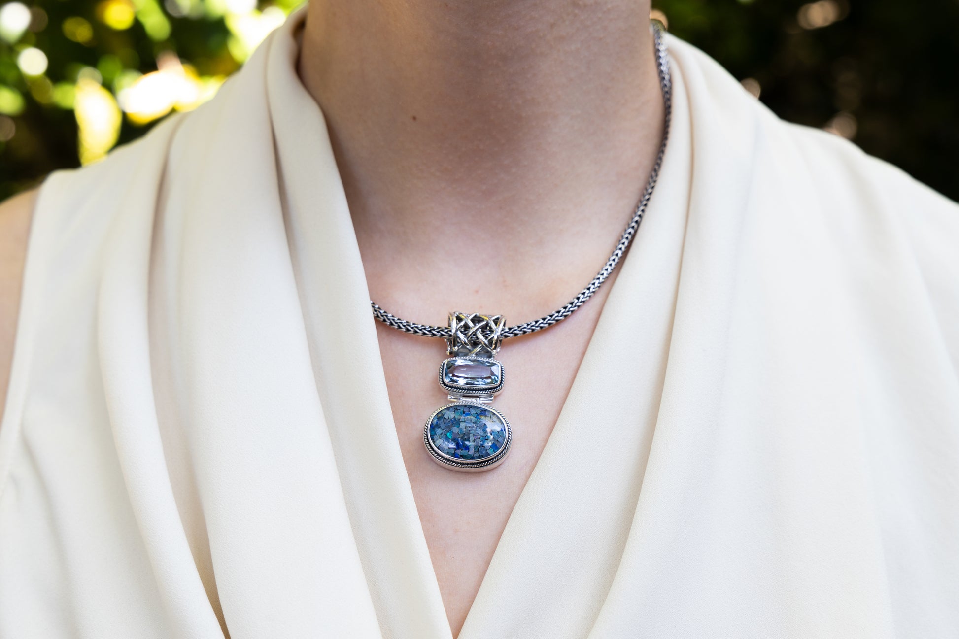 Sterling silver snake chain necklace with opal mosaic and sky blue topaz drops