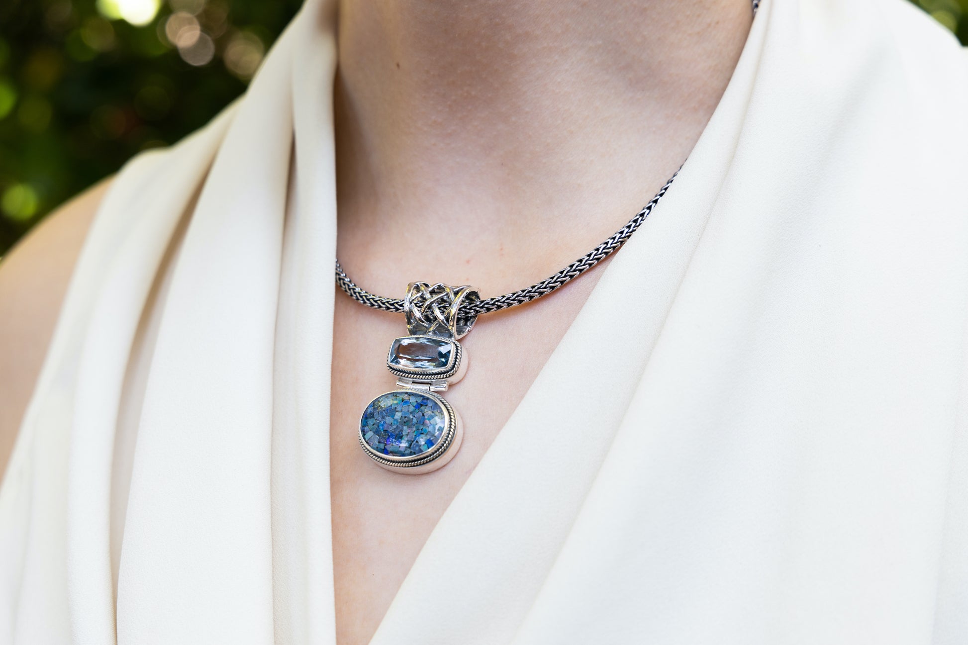Sterling silver snake chain necklace with opal mosaic and sky blue topaz drops