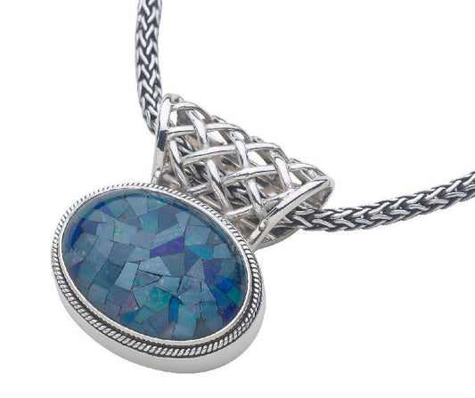Sterling silver snake chain necklace with oval mosaic opal pendant