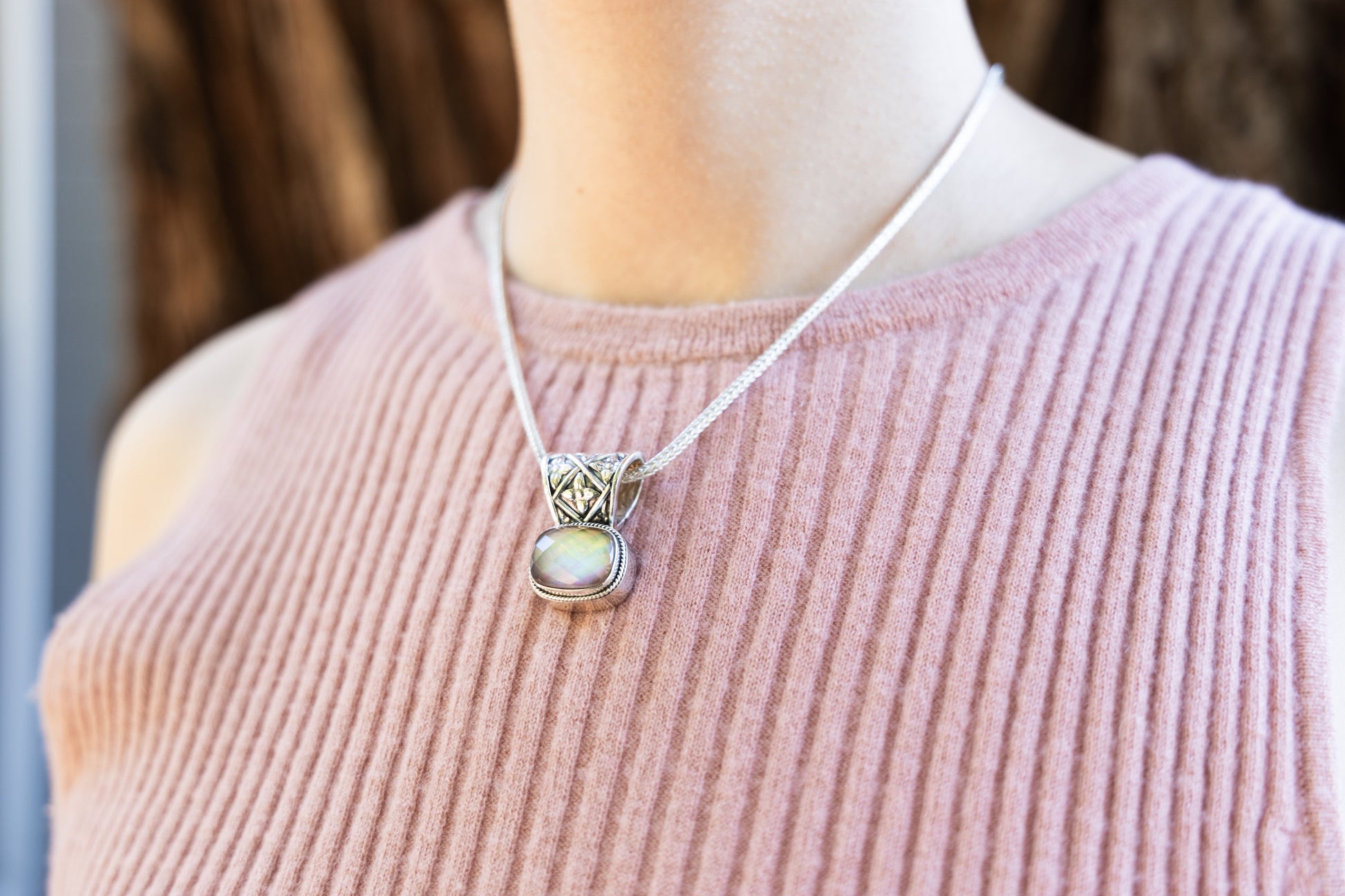 Sterling silver cushion-cut mocha pearl pendant on adjustable foxtail chain