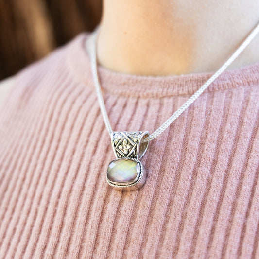 Sterling silver cushion-cut mocha pearl pendant on adjustable foxtail chain