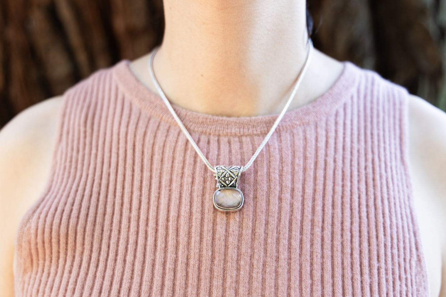 Sterling silver cushion-cut mocha pearl pendant on adjustable foxtail chain