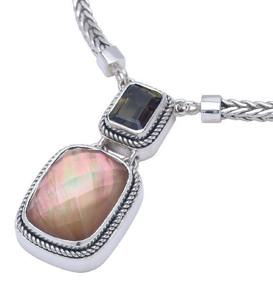 Sterling silver double drop necklace with mocha pearl and smoky quartz cushion stones on foxtail chain