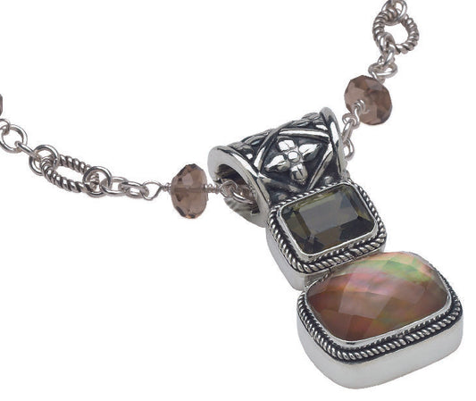 Sterling silver double drop enhancer with mocha pearl and smoky quartz cushion stones