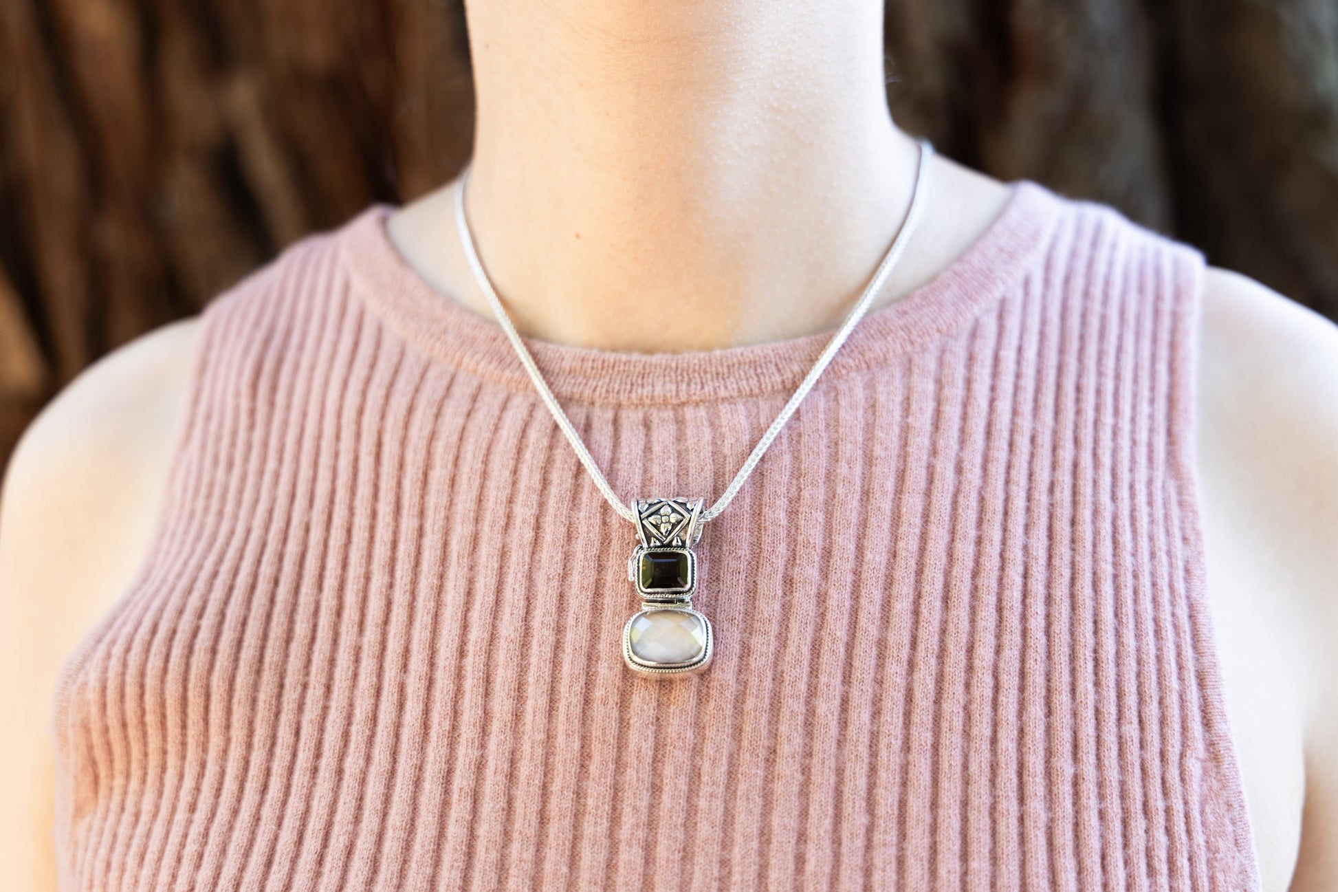 Sterling silver double drop enhancer with mocha pearl and smoky quartz cushion stones