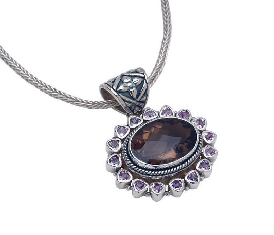 Sterling silver floral pendant with smoky quartz and pink sapphires on foxtail chain.
