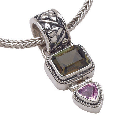 Sterling silver double drop pendant with smoky quartz and pink sapphire on foxtail chain