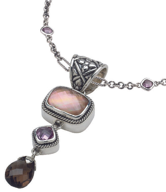 Sterling silver triple drop pendant with mocha pearl, smoky quartz, and pink sapphire on figaro chain with channel-set accents.