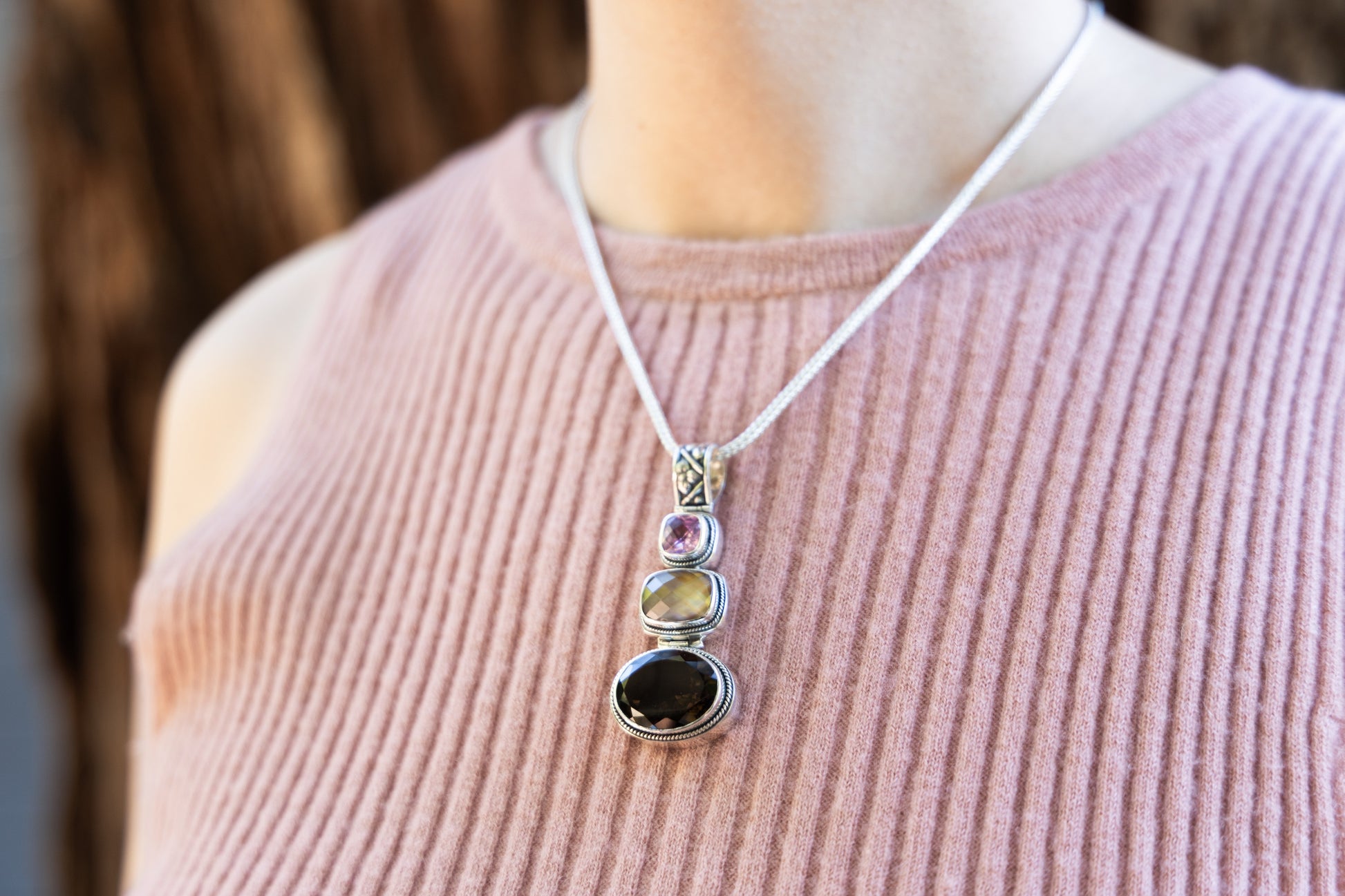 Sterling silver triple drop pendant with mocha pearl, smoky quartz, and pink sapphire on foxtail chain.
