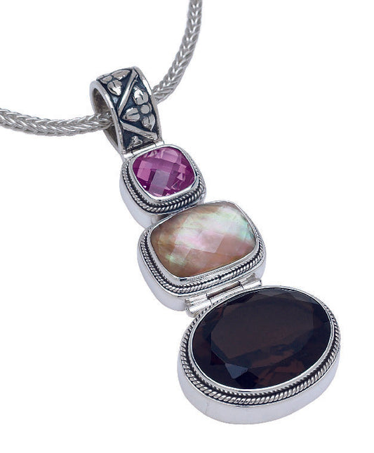 Sterling silver triple drop pendant with mocha pearl, smoky quartz, and pink sapphire on foxtail chain.