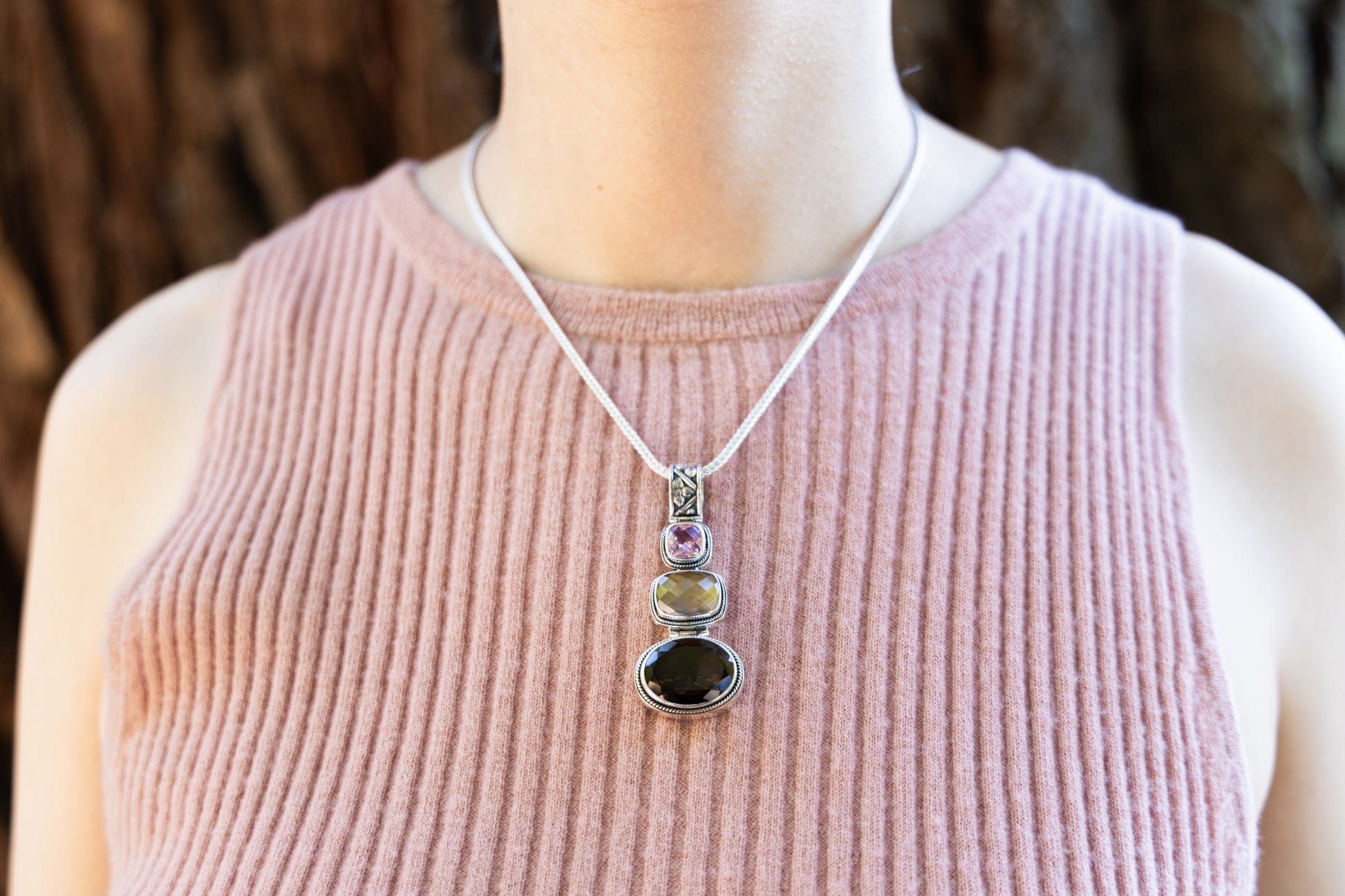 Sterling silver triple drop pendant with mocha pearl, smoky quartz, and pink sapphire on foxtail chain.