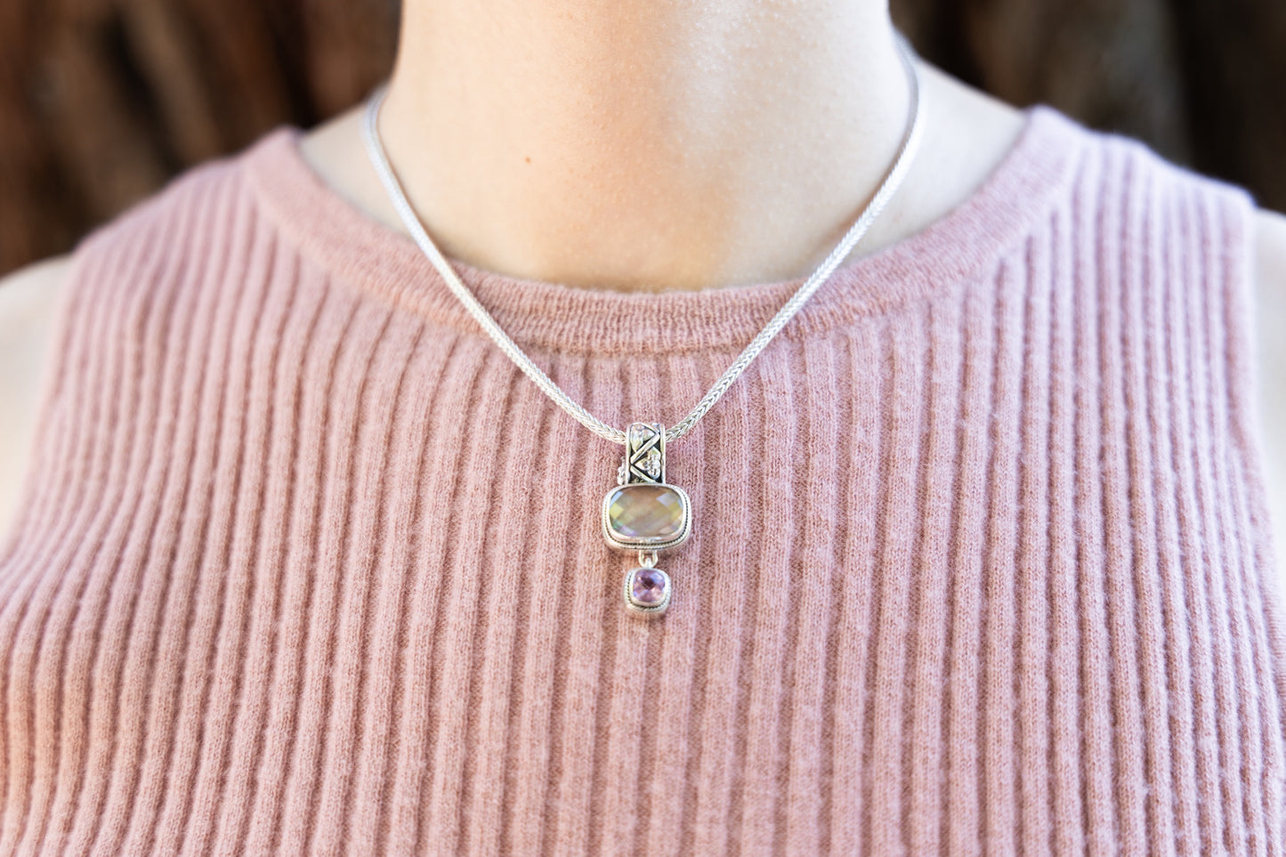 Sterling silver double drop enhancer with mocha pearl and pink sapphire on foxtail chain.