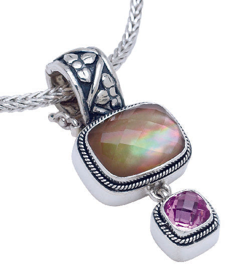Sterling silver double drop enhancer with mocha pearl and pink sapphire on foxtail chain.
