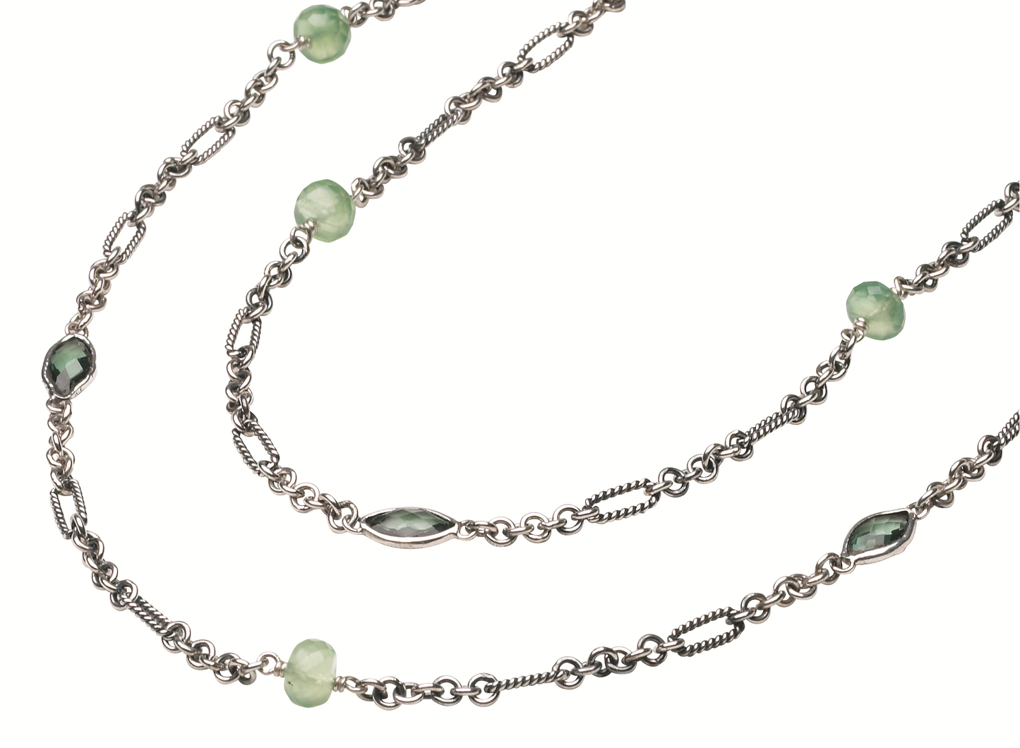 50" sterling silver figaro chain necklace with spaced green spinel marquis and prehnite rondelles.