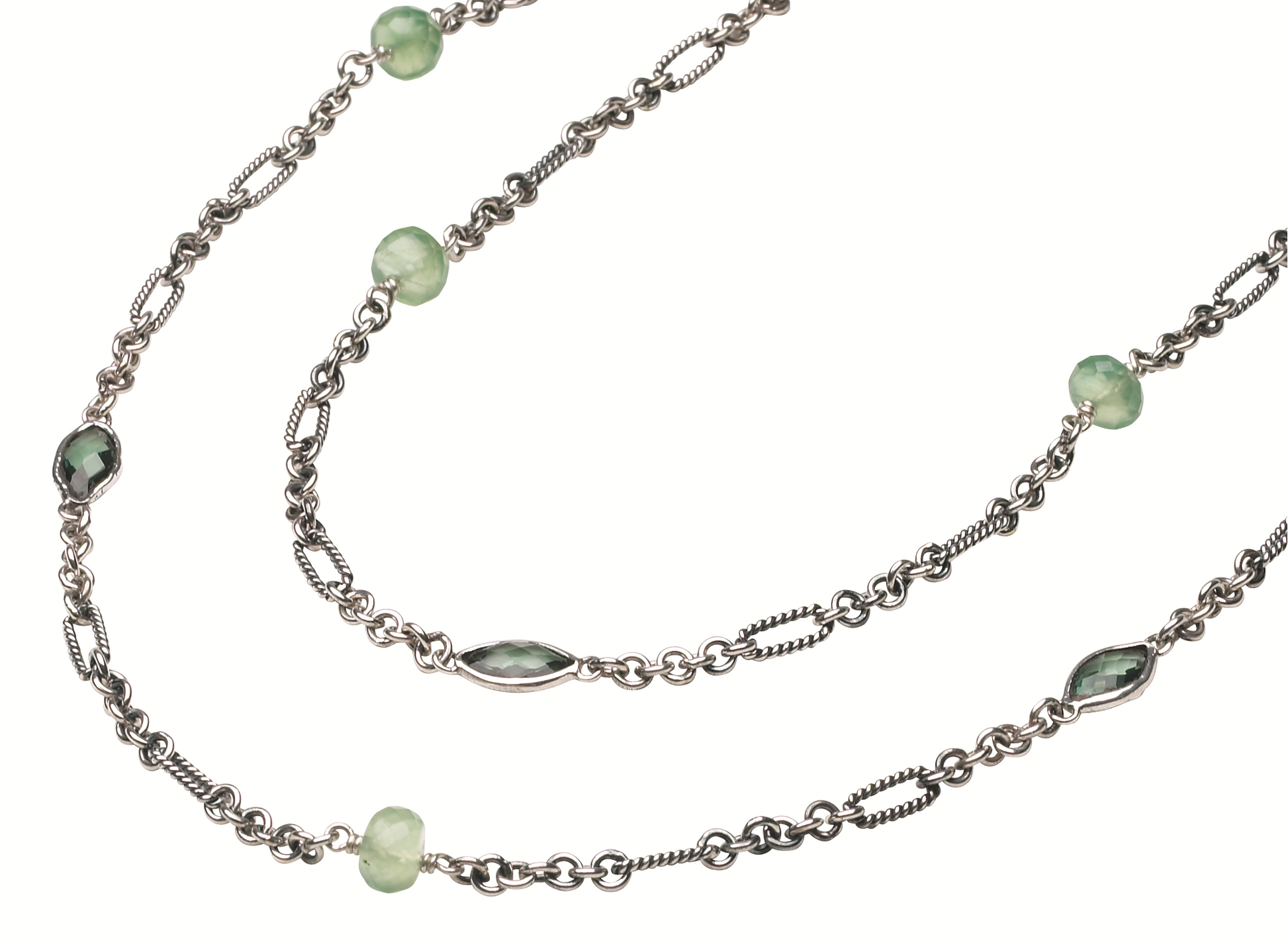 50" sterling silver figaro chain necklace with spaced green spinel marquis and prehnite rondelles.
