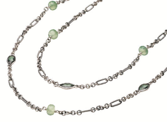 50" sterling silver figaro chain necklace with spaced green spinel marquis and prehnite rondelles.