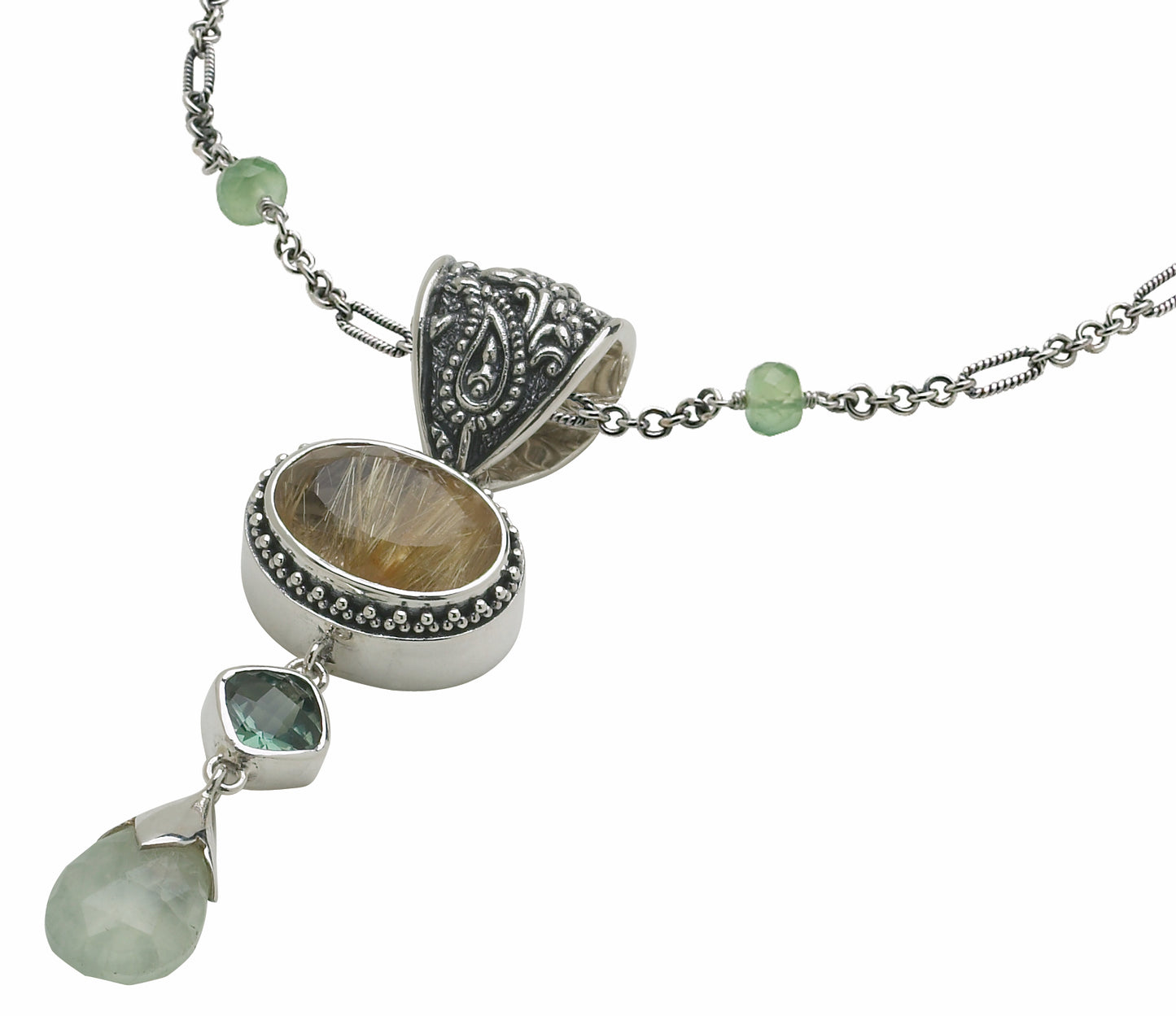 Sterling silver pendant with rutilated quartz, green spinel, and prehnite briolette on a handmade figaro chain with spaced rondelles.