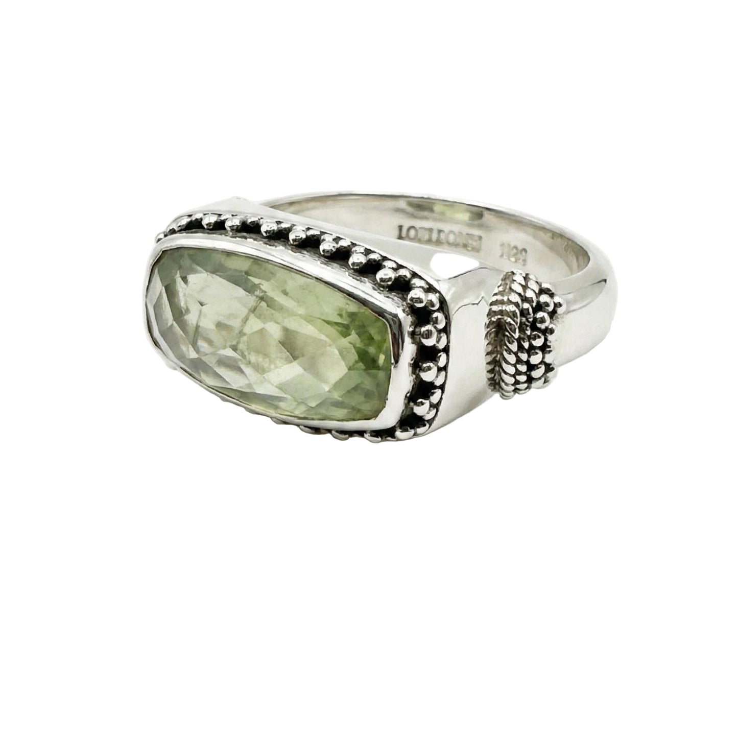 Silver ring with green prehnite stone