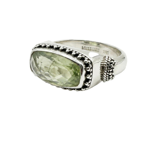 Silver ring with green prehnite stone