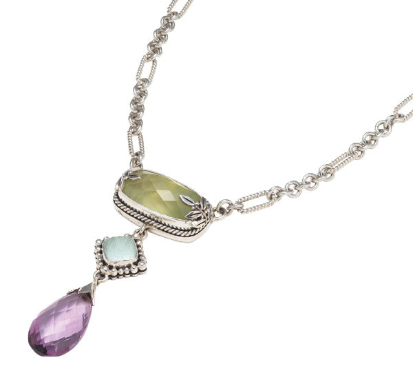 Triple brio-drop pendant with prehnite, aspen wood quartz and pink amethyst on figaro chain (Wisteria 2008).