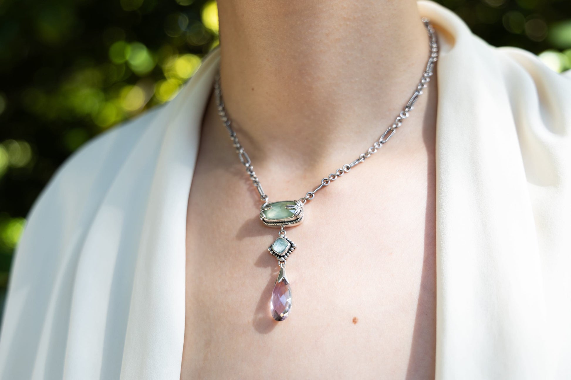 Triple brio-drop pendant with prehnite, aspen wood quartz and pink amethyst on figaro chain (Wisteria 2008).