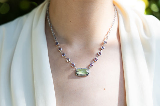 Two-stone pendant with prehnite cushion and pink amethyst round on figaro chain (Wisteria 2008).