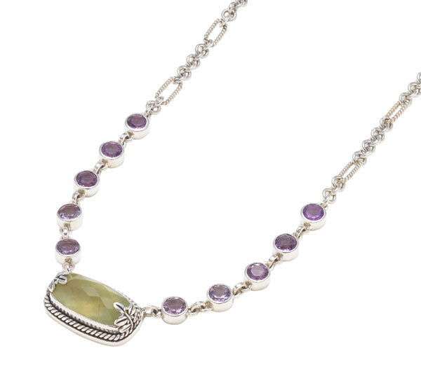 Two-stone pendant with prehnite cushion and pink amethyst round on figaro chain (Wisteria 2008).