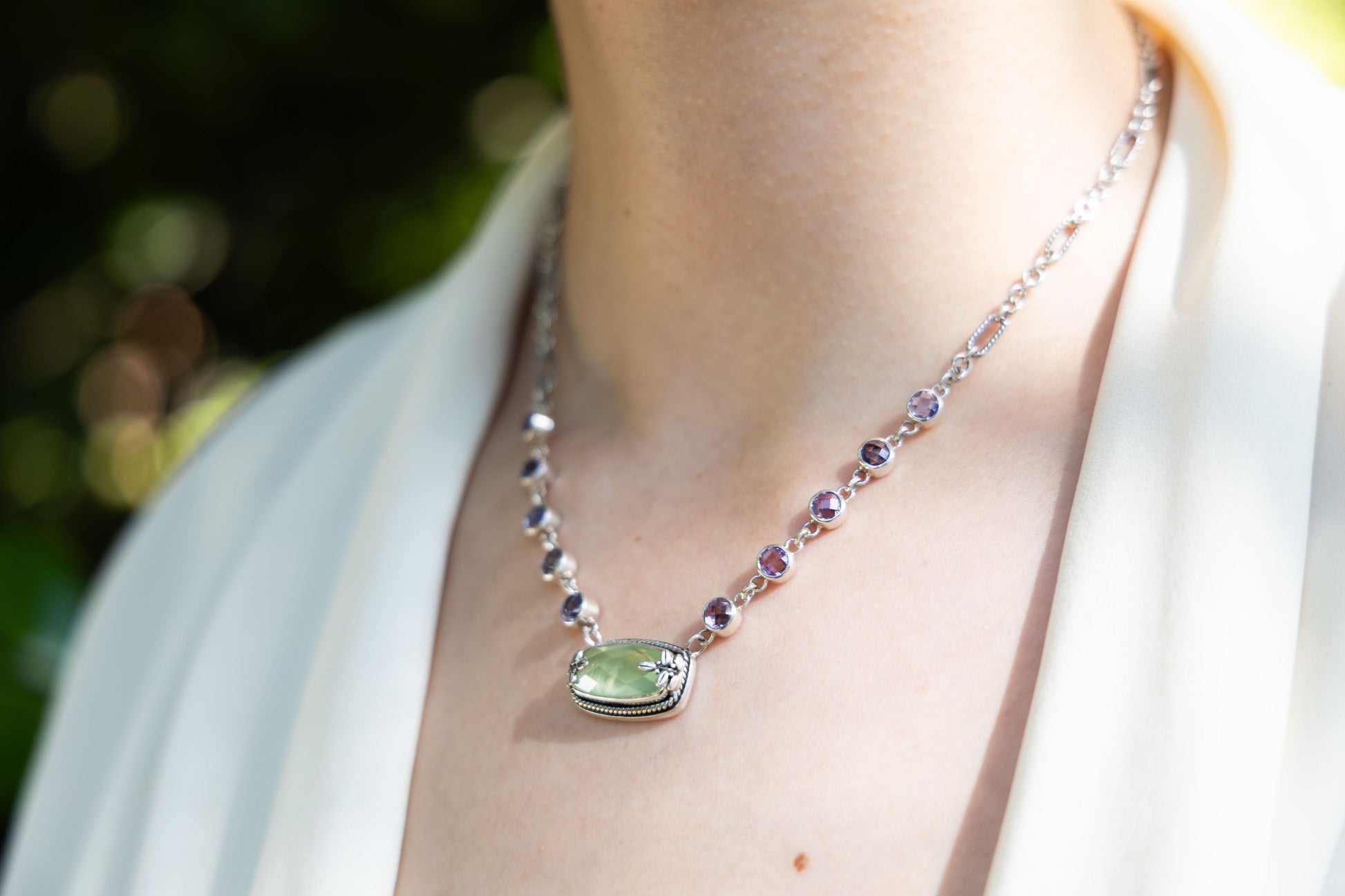 Two-stone pendant with prehnite cushion and pink amethyst round on figaro chain (Wisteria 2008).