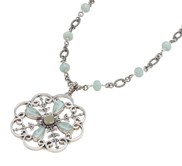 Sterling floral-lace pendant necklace featuring aspen wood quartz, prehnite, and amazonite on adjustable chain (Wisteria 2008)