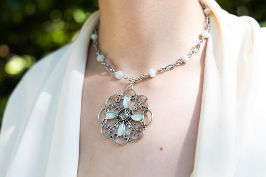 Sterling floral-lace pendant necklace featuring aspen wood quartz, prehnite, and amazonite on adjustable chain (Wisteria 2008)