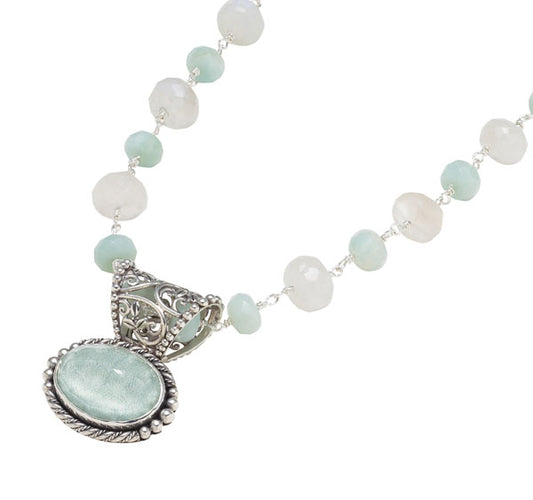 Sterling-silver filigree pendant necklace with oval Aspen-wood quartz on a rainbow-moonstone and amazonite bead chain – Lori Bonn Wisteria 2008