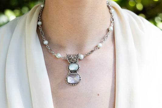Sterling double-drop pendant with aspen wood quartz and amethyst doublet on pearl-accent chain, Wisteria 2008 archive.