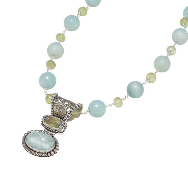 Chunky Amazonite and Prehnite bead necklace with Prehnite and Aspen Wood Quartz pendant (Wisteria 2008).