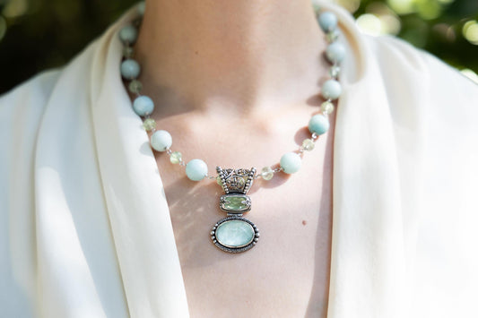 Chunky Amazonite and Prehnite bead necklace with Prehnite and Aspen Wood Quartz pendant (Wisteria 2008).