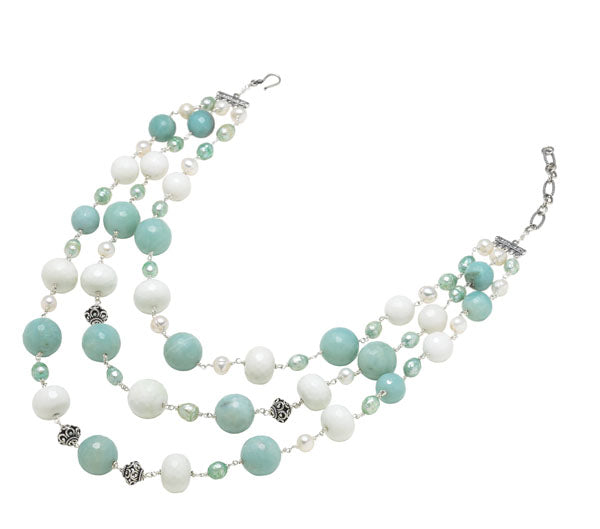 Triple-strand necklace with amazonite, opaque white quartz and pearls (Wisteria 2008).