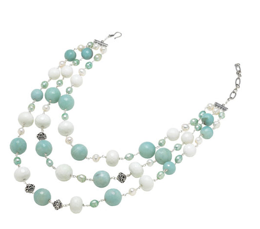 Triple-strand necklace with amazonite, opaque white quartz and pearls (Wisteria 2008).