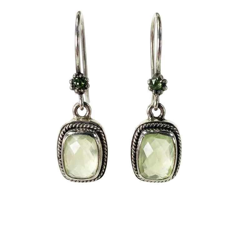 Sterling silver drop earrings with cushion-cut prehnite in a bezel setting from the Verde 2006 Collection.
