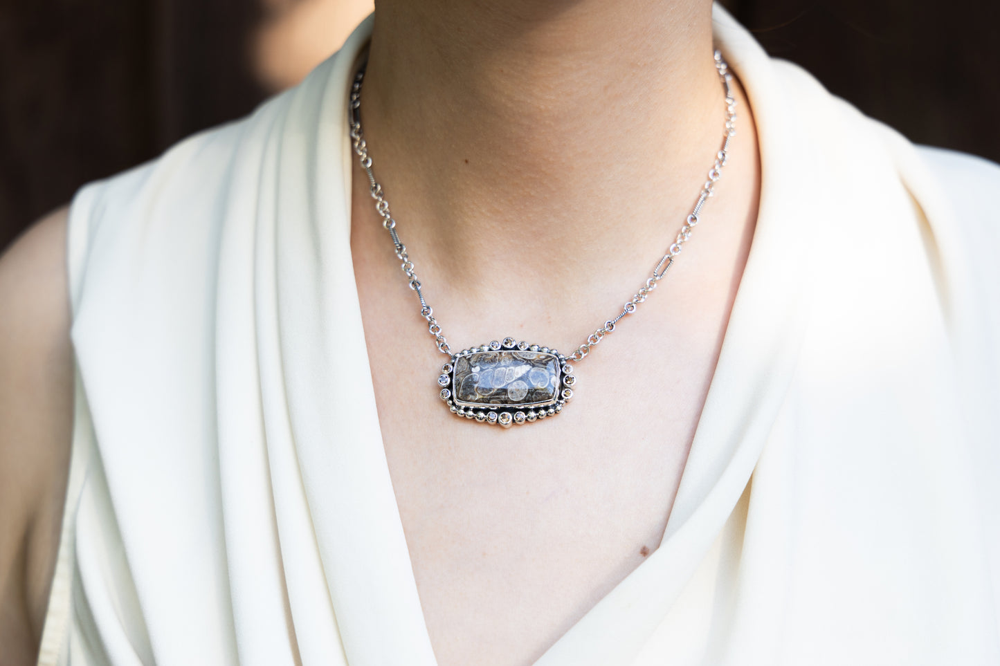 Cushion-shaped Turtella and smoky-quartz pendant on sterling chain, Chrysalis 2008