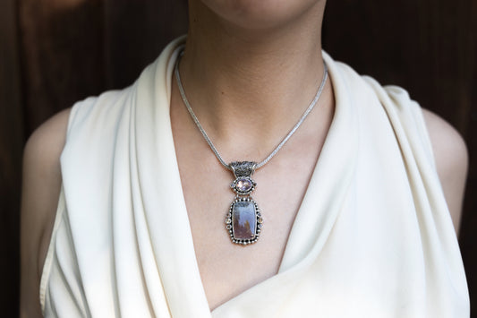 One-of-a-kind double-drop  amethyst and sage amethyst with smoky-quartz accents pendant on foxtail chain, Lori Bonn Chrysalis 2008