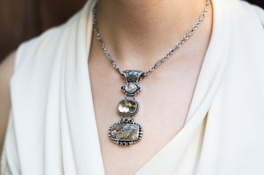 Sterling-filigree triple-drop pendant with Turtella, smoky quartz, and white quartz, Chrysalis 2008