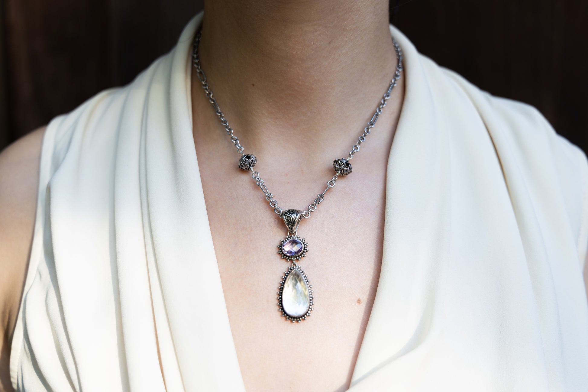 One-of-a-kind double-drop pendant  amethyst and smoky quartz in sterling filigree, Chrysalis 2008 sample