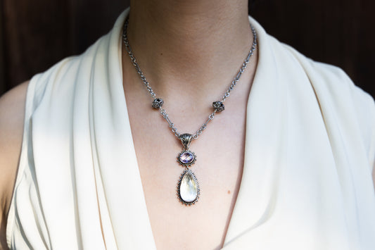 One-of-a-kind double-drop pendant  amethyst and smoky quartz in sterling filigree, Chrysalis 2008 sample
