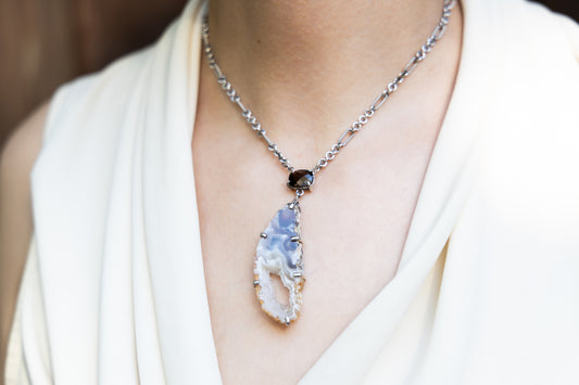 handmade Figaro chain necklace with smoky-quartz link and free-form Oco-agate geode slice pendant, Chrysalis 2008