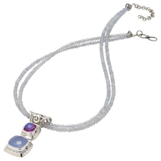 Sterling silver double cushion pendant with chalcedony and rainbow lavender quartz on double strand of faceted chalcedony rondelle beads, Lori Bonn Splash Collection 2009 Archive.